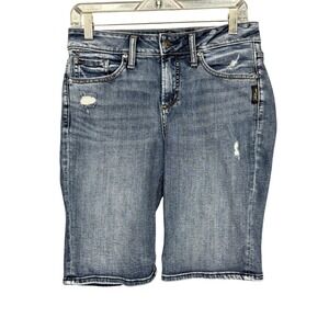 Silver Jeans Co Avery Bermuda Shorts Womens 28 Blue Distressed High Rise Denim